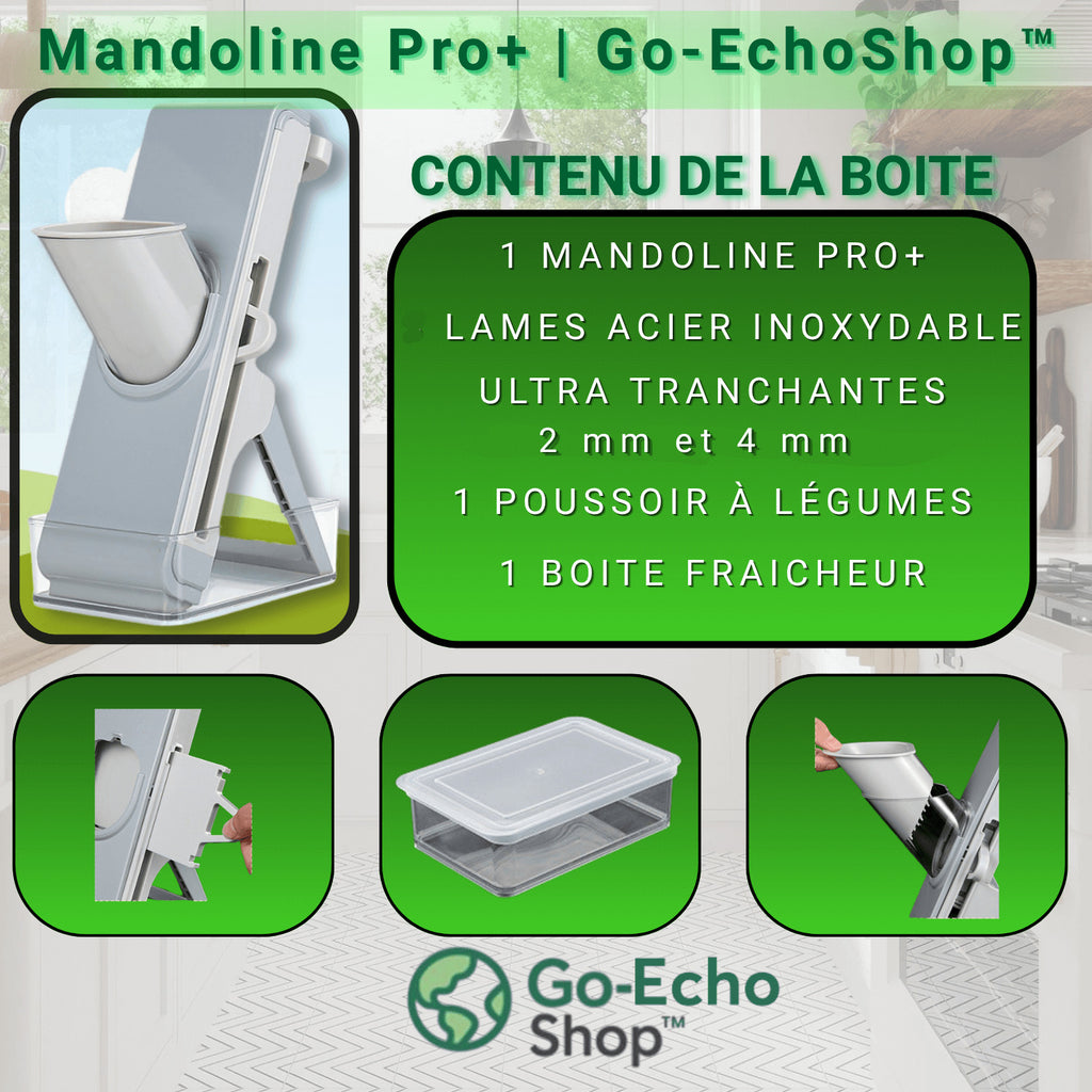 Contenu de la boîte – mandoline multifonction Pro+™ avec accessoires Go-EchoShop™